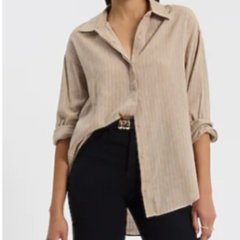 EXPRESS Striped Linen-Blend Boyfriend Portofino Shirt, Large